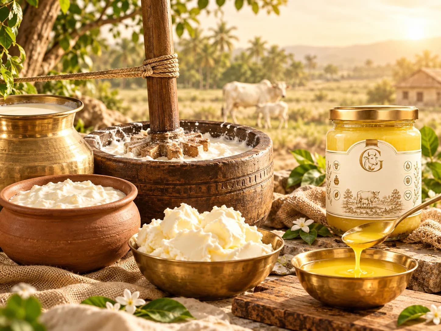 A wooden bilona churning curd in a clay pot beside white butter and ghee