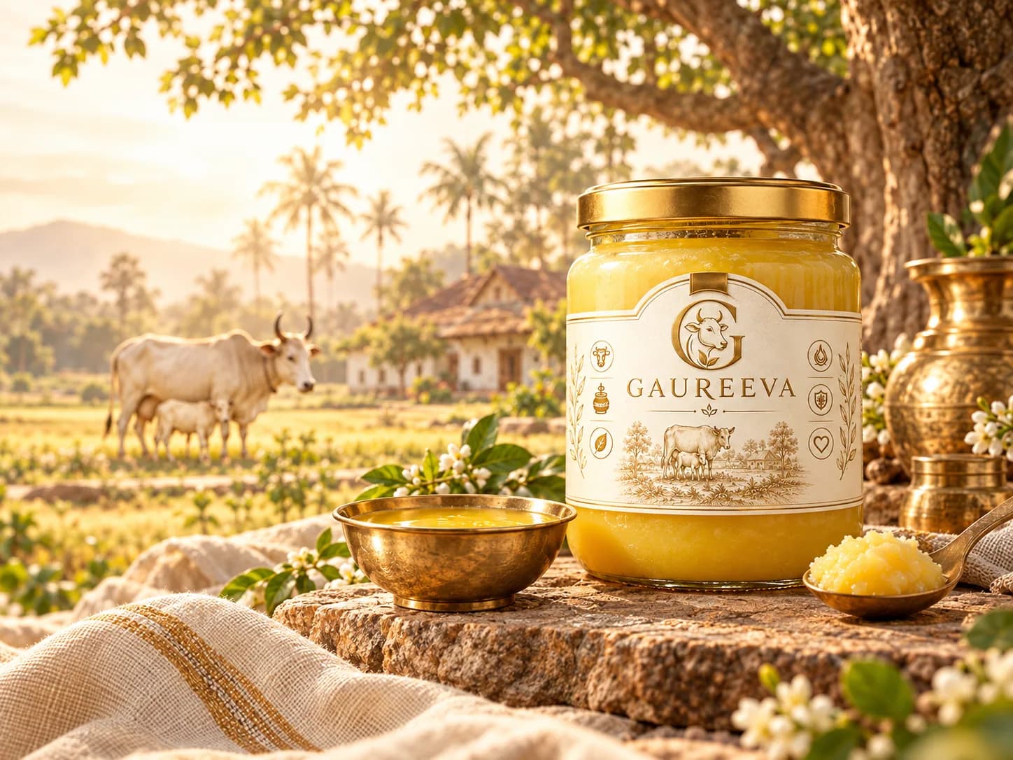 A desi cow grazing under a tree at sunrise beside a jar of GAUREEVA ghee