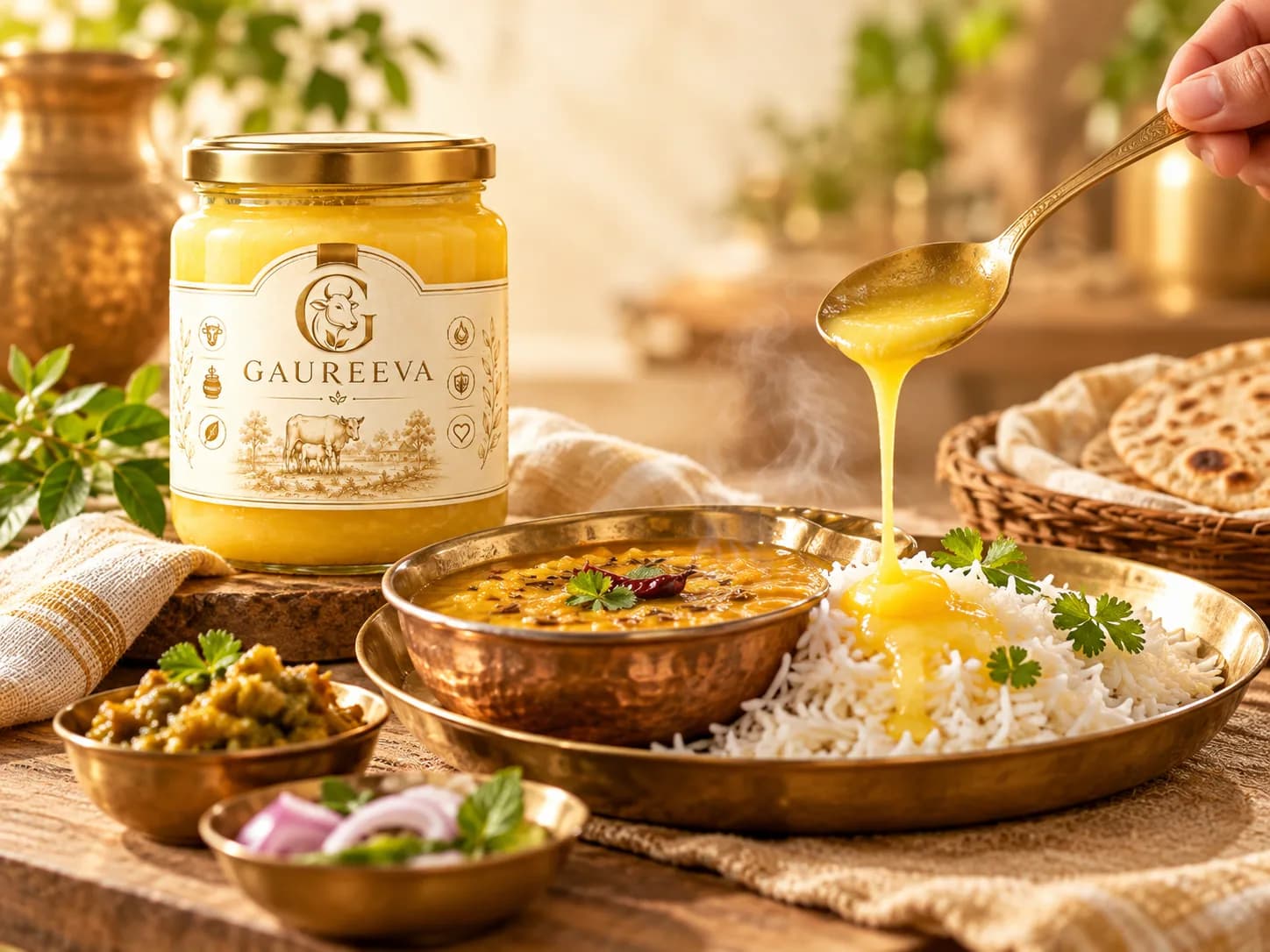 Golden ghee poured over a bowl of dal and rice