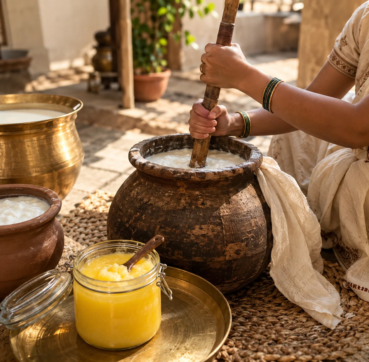 A woman churning curd in a clay pot with a wooden bilona, beside brass pots of curd and a jar of ghee